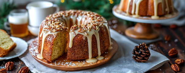 Creative food concept. Chopped pecans walnut, Buttered Rum bundt cake drizzle with white glaze, scattered with beer pint, pine cone, nuts, bokeh, christmas tree on rustic wooden table. copy text space