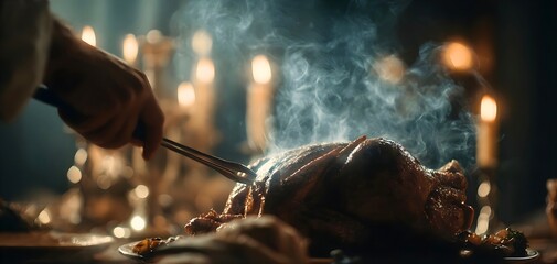 A man cutting hot grilled chicken on a table.