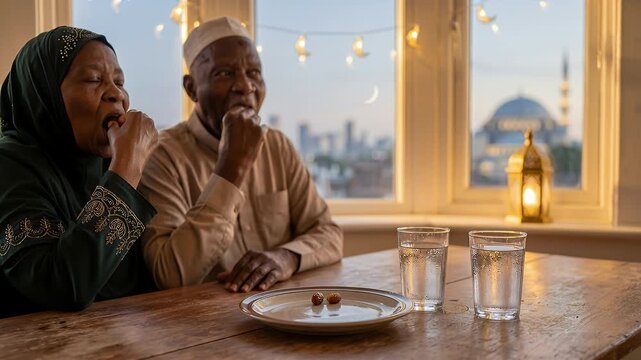 Happy senior muslim couple breaking their fast together by a window with a mosque view during warm Ramadan afternoon