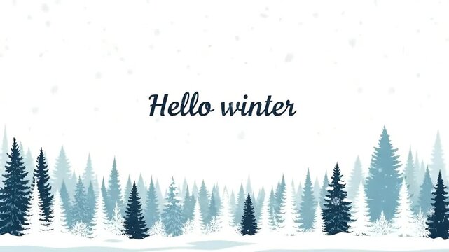 Hello Winter Snowfall Over Dark Blue Forest Landscape Background