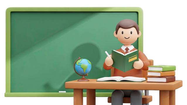 3D Teacher reading a book at a desk with a globe and books on transparent background - Powered by Adobe