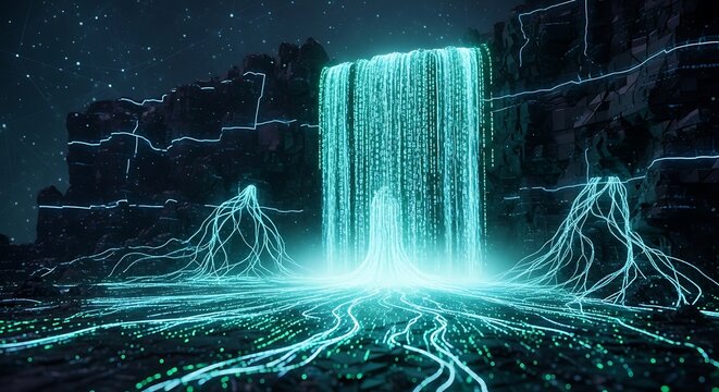 Mystical glowing waterfall in a dark fantasy landscape at night.