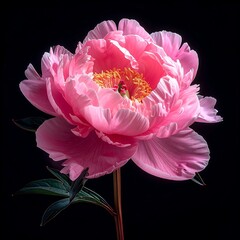 Close-up of a vibrant pink peony in full bloom, against black background