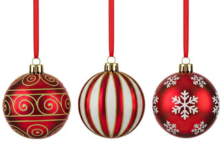 Beautiful christmas ornaments hanging on red ribbons