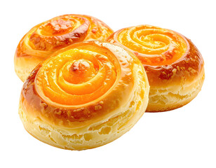Three golden-brown, spiral-shaped pastries with glazed tops