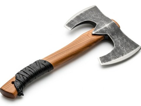 A rustic double bitted axe with a wooden handle and wrapped grip on a white background