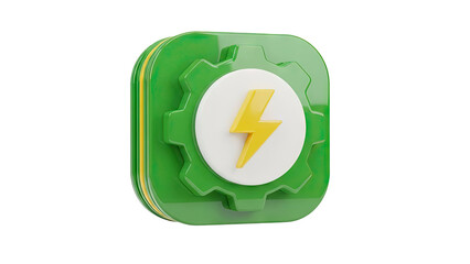3D Green gear icon with yellow lightning bolt symbol on transparent background