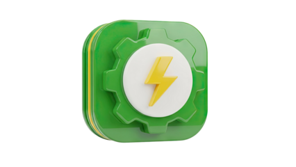 3D Green gear icon with yellow lightning bolt symbol on transparent background