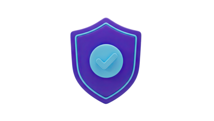 3D Purple shield with blue checkmark, symbol of security and approval on transparent background