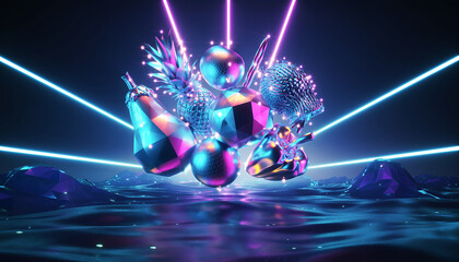 Futuristic Holographic Vegetables with Neon Light and Digital Flow Effect