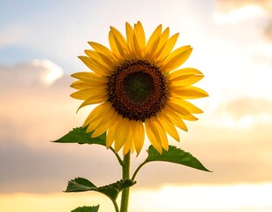 Close-up of a vibrant sunflower against a soft, sunlit sky