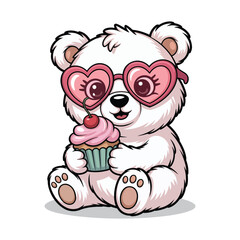 Obraz premium A cute cartoon illustration of a white fluffy bear wearing heart-shaped glasses in pink. The bear has a cupcake in his hand.