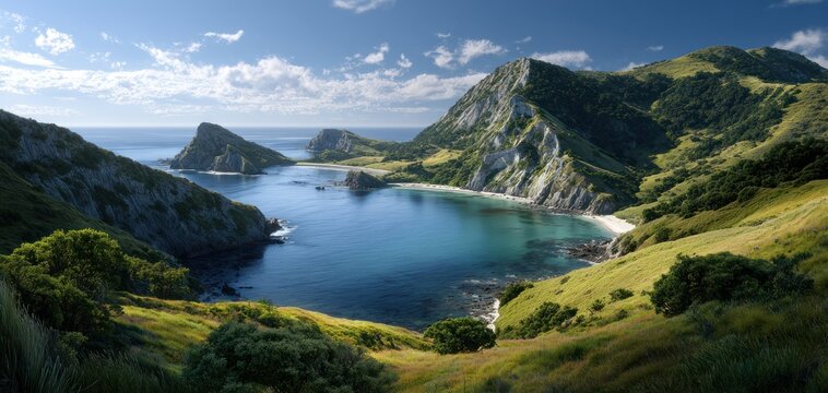Coastal landscape with mountains and water under a blue sky scenic nature view - Powered by Adobe
