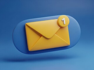 3d rendered yellow envelope with notification badge showing one new message