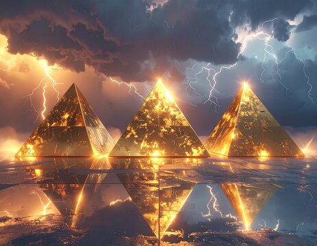 Three luminous, golden, triangular structures under a stormy sky - Powered by Adobe