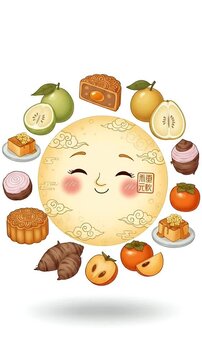 Joyful Full Moon Surrounded by Assorted Mooncakes and Fruits
