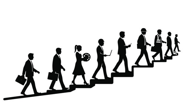 Silhouettes of people in business attire ascend stairs in a symbolic representation of career progression.