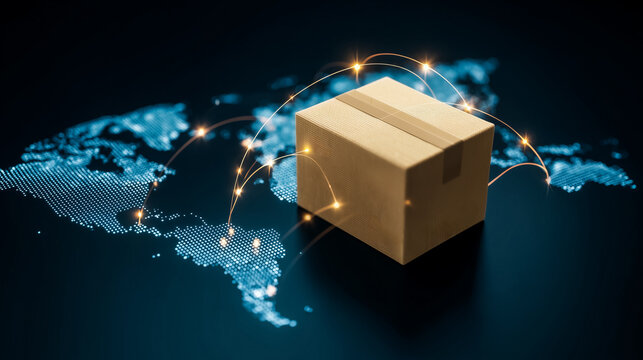 Futuristic visual of global shipping network and package on digital map