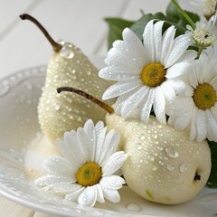 White daisies and pears with rain splashes, crisp focus, minimal beautiful background