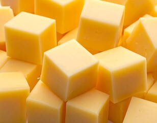 Close-up of a pile of evenly-cut yellow cheese cubes