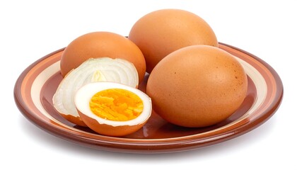 Close-up of eggs, some whole, and one halved on a patterned plate