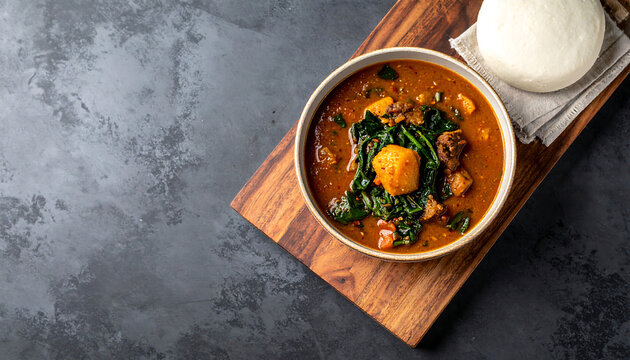 Top View of Traditional African Egusi Soup with Fufu on Dark Background, Authentic West African Cuisine with Copy Space