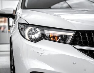 Close-up of a white car's headlight and front end