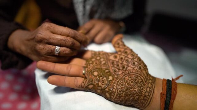 A mehndi artist applying detailed henna designs on the groom&rsquo;s hand during a traditional Indian wedding ceremony.