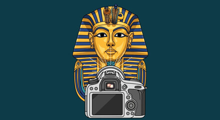 An illustration combining the ancient Egyptian golden mask of Pharaoh Tutankhamun with a modern digital SLR camera on a dark teal background.