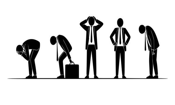 Stressed businessman silhouette set showing failure and burnout, depressed office worker in various poses of despair and grief, corporate business failure and mental health concept, black stick figure