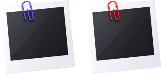 Blank photo print, white border, red or purple  paperclip Set of vintage photo frames attached with colored paper clip isolated on transparent background.