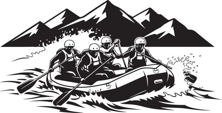 Black and white illustration of a raft navigating rapids with a mountain backdrop