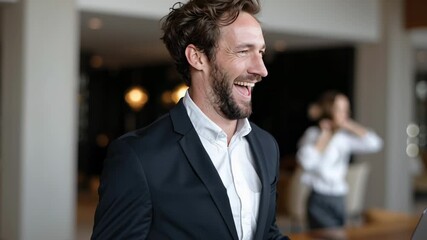 Joy fills the air as a successful businessman beams with pride in a chic office setting. His excitement radiates as he revels in his achievements, showcasing determination and hard work