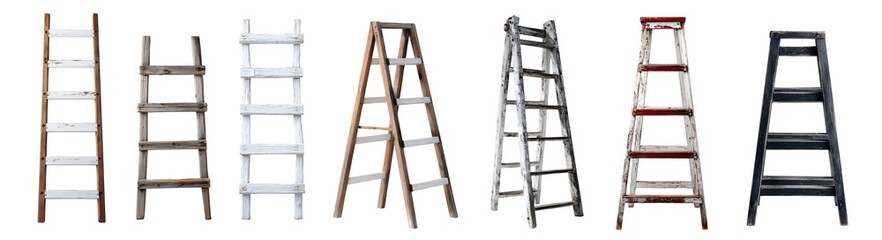 Set of ladder stairs step wood wooden stepladder, front side view, rustic irregular on transparent cutout PNG file. Many different style. Mockup template for design