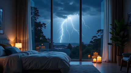 Dramatic lightning storm viewed from a warm cozy bedroom window creating contrast between comfort and nature power