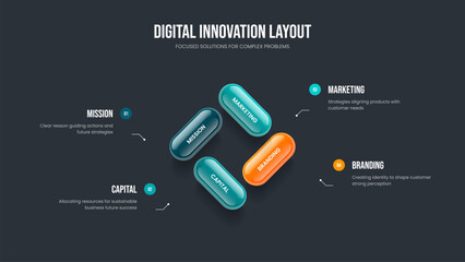 Visual Showcase 4 Element Infographic Slide Design. Corporate Innovation Four Step Diagram Slideshow Template. Service Plan Frame Layout Vector Illustration.