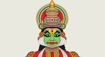 Detailed illustration of a Kathakali dancer's face with traditional green and red makeup and an elaborate golden headdress, representing Indian classical dance.