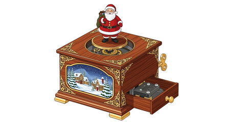 Elaborate wooden Christmas music box featuring Santa Claus, a winter village scene, and a small open drawer.