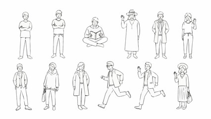 Fototapeta premium Collection of diverse people in various poses and activities sketched in a minimalist style.