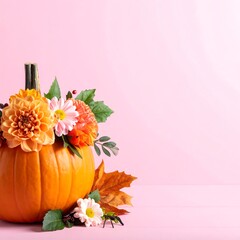 Close-up of autumn pumpkin adorned with colorful flowers