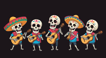 Five cheerful cartoon skeletons in sombreros playing guitars, celebrating a festive occasion like Day of the Dead.
