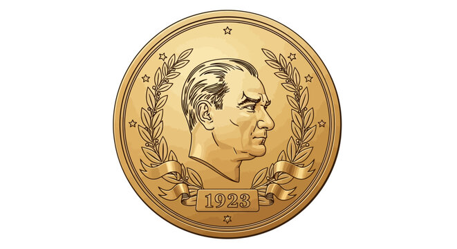 Golden commemorative medal featuring a profile bust of Mustafa Kemal Atat&uuml;rk surrounded by a laurel wreath and the year 1923, on a white background.