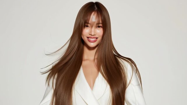 Captivating moments showcase a stunning model in Korea, adorned in an elegant white outfit, flaunting her beautiful long hair. The perfect blend of beauty and fashion is mesmerizing