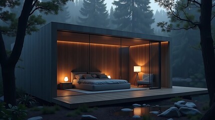 Modern glass cabin retreat surrounded by misty forest creating a peaceful nature escape