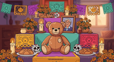 A vibrant Day of the Dead altar with a teddy bear, marigold flowers, candles, and a framed photo, celebrating Mexican tradition.