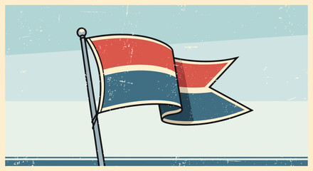 Vintage style pennant flag with red and blue stripes waving on a flagpole against a light blue sky with a distressed texture.