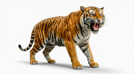 Fierce tiger with open mouth and bared teeth, walking on a white background