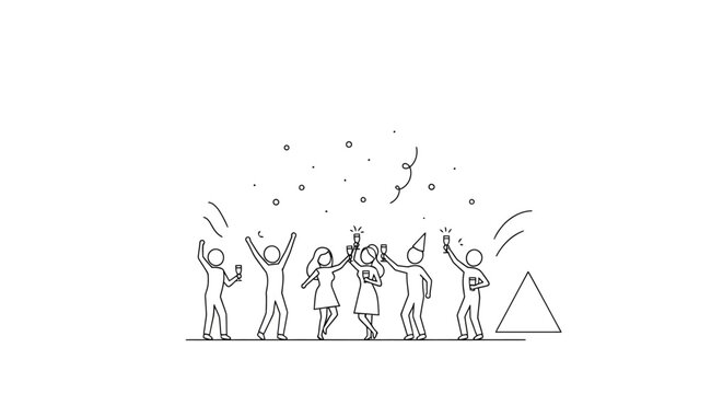 A simple line art drawing depicting a group of happy stick figures celebrating with confetti and drinks, enjoying a festive party.