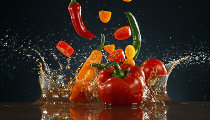 Fresh Tomato and Chili Pepper Splash with Dynamic Liquid Motion