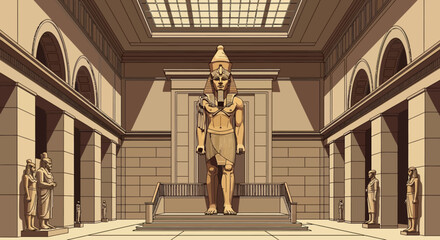 Grand hall of an ancient Egyptian museum with a colossal pharaoh statue and other artifacts under a skylight.